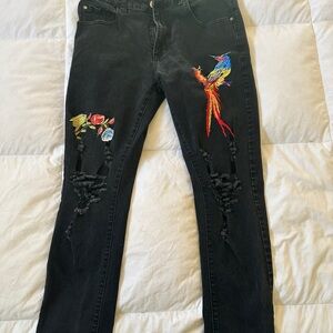 Embroidered Black Jeans with Colorful Bird Design